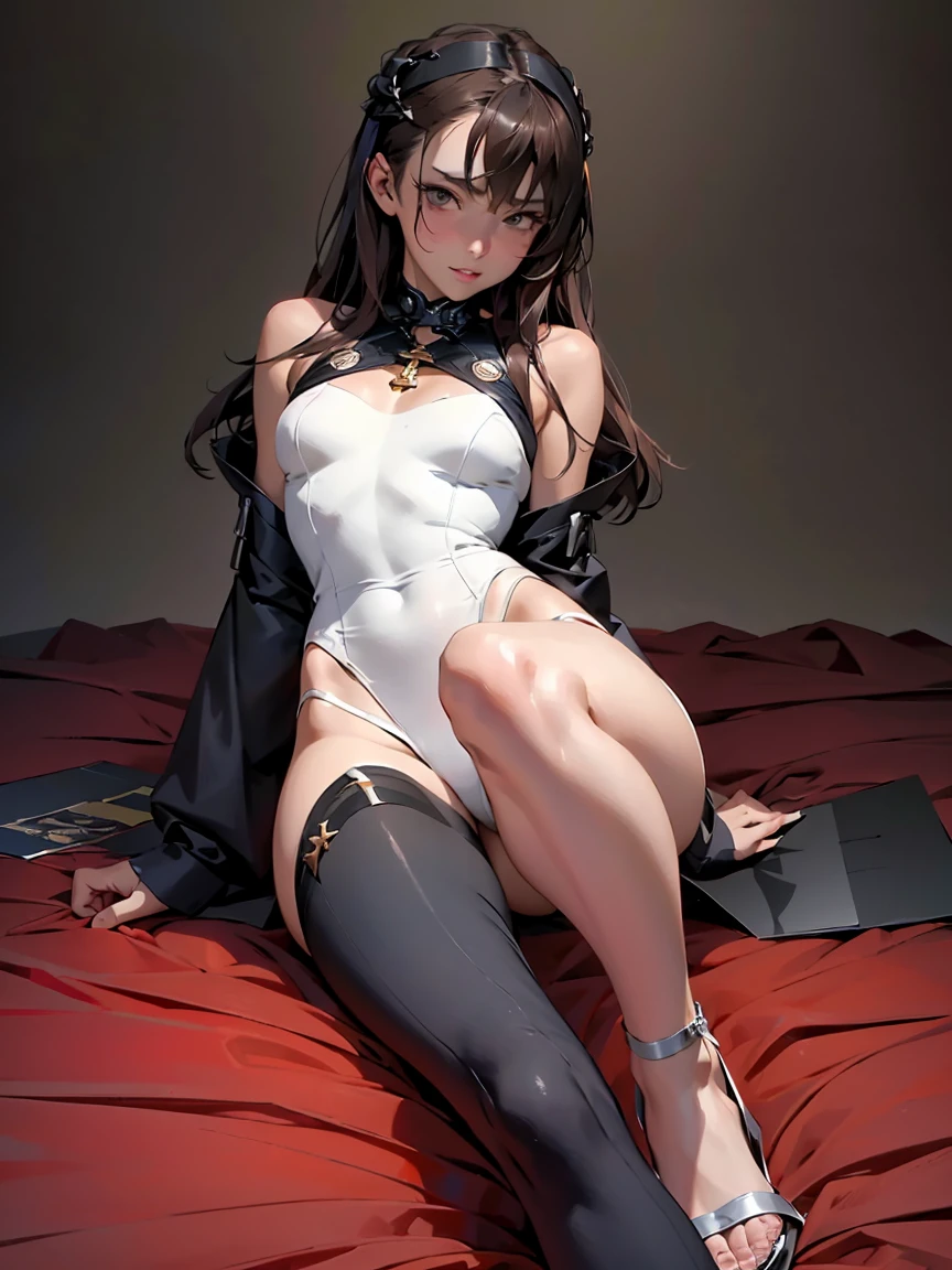 a close up of a person laying on a bed, characters from azur lane, attractive brown hair woman, feet, magazine cover art, skintight black clothes, surprised, korean, in a dungeon background, chest coverd, hgh, naughty expression, teacher