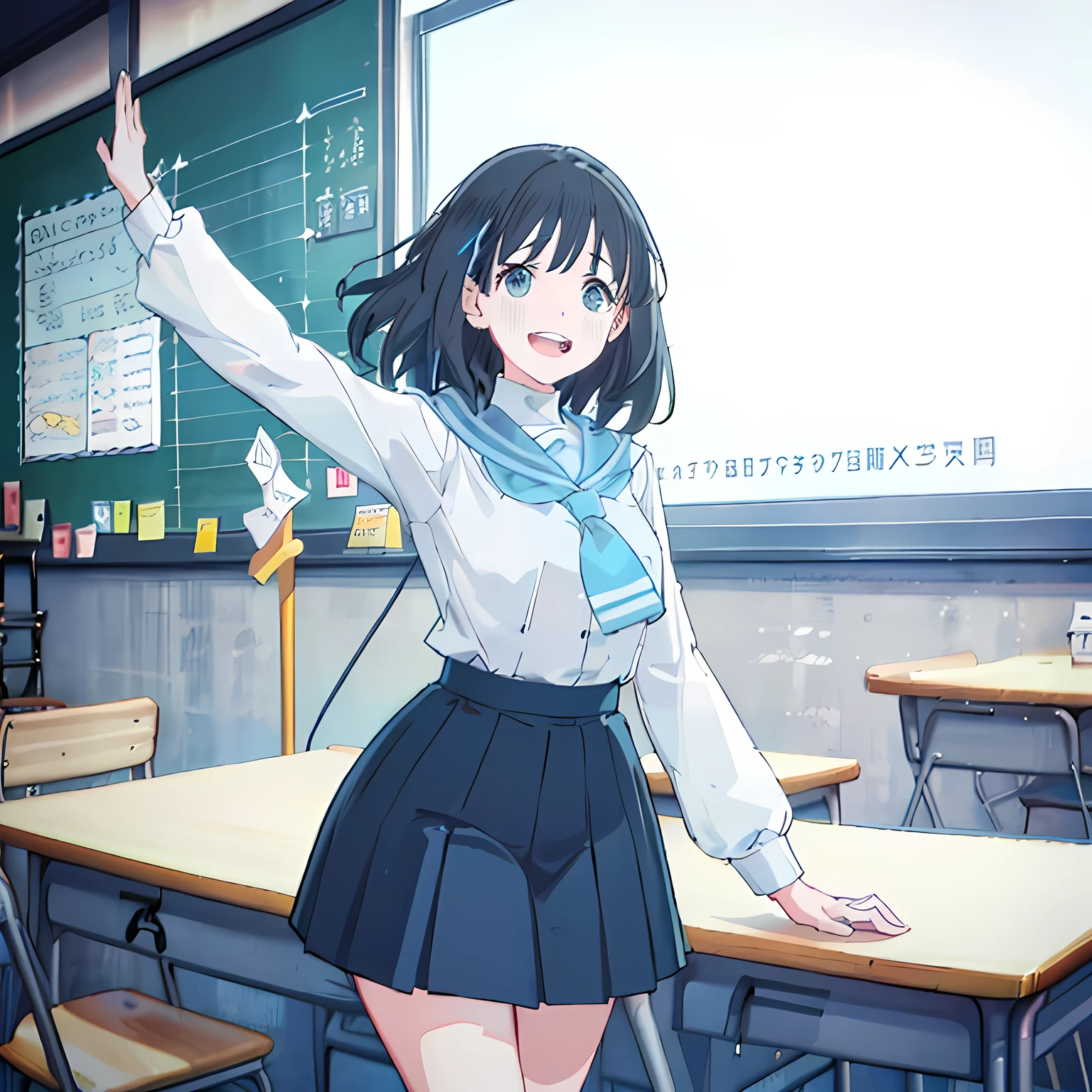 highest quality, (masterpiece:1.2), Very detailed, One neat, cute and shy girl, (((Black medium bob hair))), ((Light blue student sailor uniform)), ((Light blue pleated skirt)), (((The background is a school classroom))), ((Pretty black eyes)), ((laughing))