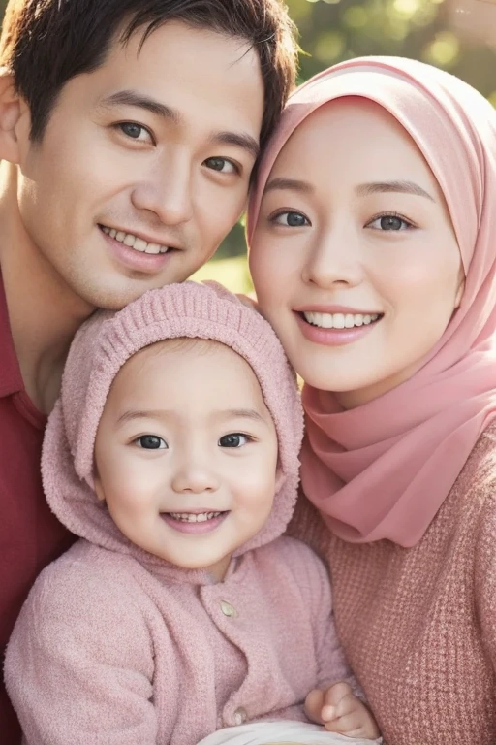 (detailed and realistic portrait of a happy family with a clean face), (round eyes and long flutters hair shot outside),staring at camera,magical photography, dramatic lighting, photo realism, ultra-detailed,
intimate portrait composition, (centered image composition),(close up shot:1.6),best quality,f/1. 8, 85mm, indonesian,
A photorealistic image of a happy Indonesian family, (The husband and wife are holding their baby girl),( the wife is wearing a hijab), with a natural background,(The husband has short spiky hair), They are smiling with eyes full of happiness and love.