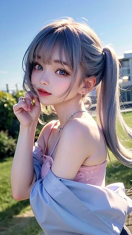 Small breasts、(high quality, masterpiece), One Girl, Twin tails、stop temporarily, particle, Wind, flower, Upper Body, Simple Background, View your audience, , milky way,smile、Turquoise Eyes、（Long silver and light blue hair）、Blue eyeshadow、薄いpinkの口紅、flower柄、pinkセクシーロリータ、(pink、Lace top painted on sanctions）、Cute earrings、Wind、blue sky、Dynamic pose、Looking up at the sky、Thick thighs、Big Ass