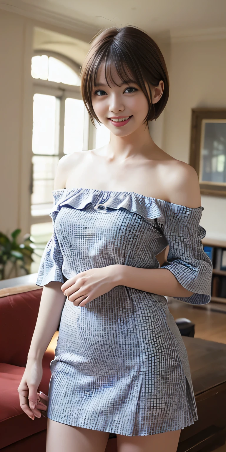 (8k,RAW Photos、RAW Photos、highest quality、Masterpiece:1.2)、1girl、1Middle-aged men、Very detailed、Super Resolution、(Realistic:1.3)、((Shooting from below)),((Cowboy Shot:1.4))、Clear depiction of light and shadow、High-resolution RAW color photos、Professional photography、((living room:1.4)))、Drawing faithful to anatomy、Very detailed and beautiful、super high quality、((girl with short cut hair:1.4))、((Girl standing in front of the door:1.4))、((White short-sleeved off-shoulder shirt:1.4))、high school girl:1.7、((White short-sleeved off-the-shoulder chiffon dress:1.4))、((White chiffon micro mini skirt that accentuates thighs:1.4))、Upper Body、((Girl with a pochette on her shoulder:1.4))、((smile:1.4))、