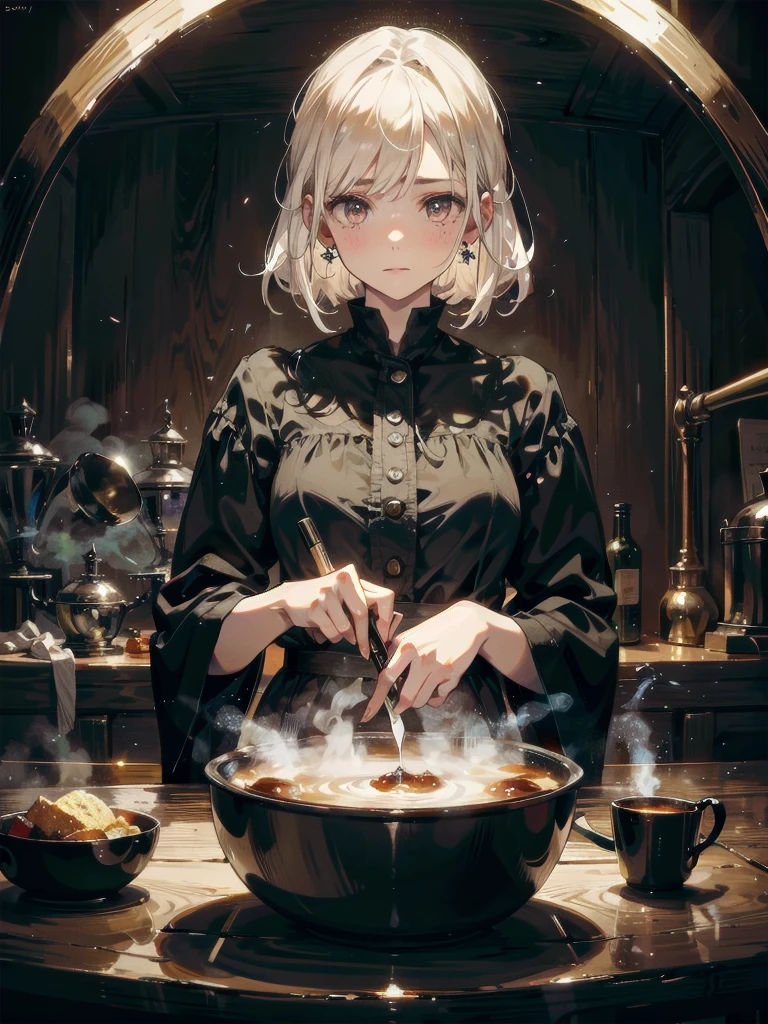 whole body, alchemist room, steaming cauldron, traditional witch attire, absurdres, RAW photo, extremely delicate and beautiful, masterpiece, Best Quality, ultra high resolution, 32k, hyperrealistic, ultra-detailed, detailed description, pale skin, 20 years old, detailed beautiful face and eyes, tearful mole, earring, Colossal tits, short medium hair, wavy hair,