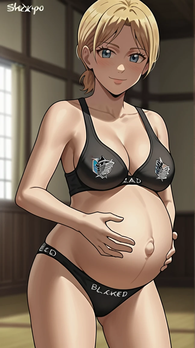 source_anime,score_9,score_8_up,screencap, anime screencap, BREAK, 1girl, attack on titan, annie leonhart, pregnancy, pregnant, caressing belly, blacked, BBC, BLACKED UNDERWEAR, QUEEN OF SPADES, INDOORS, MEDUIM BREASTS, BRANDING, smile, happy, lole, ((aged down)), young, very young