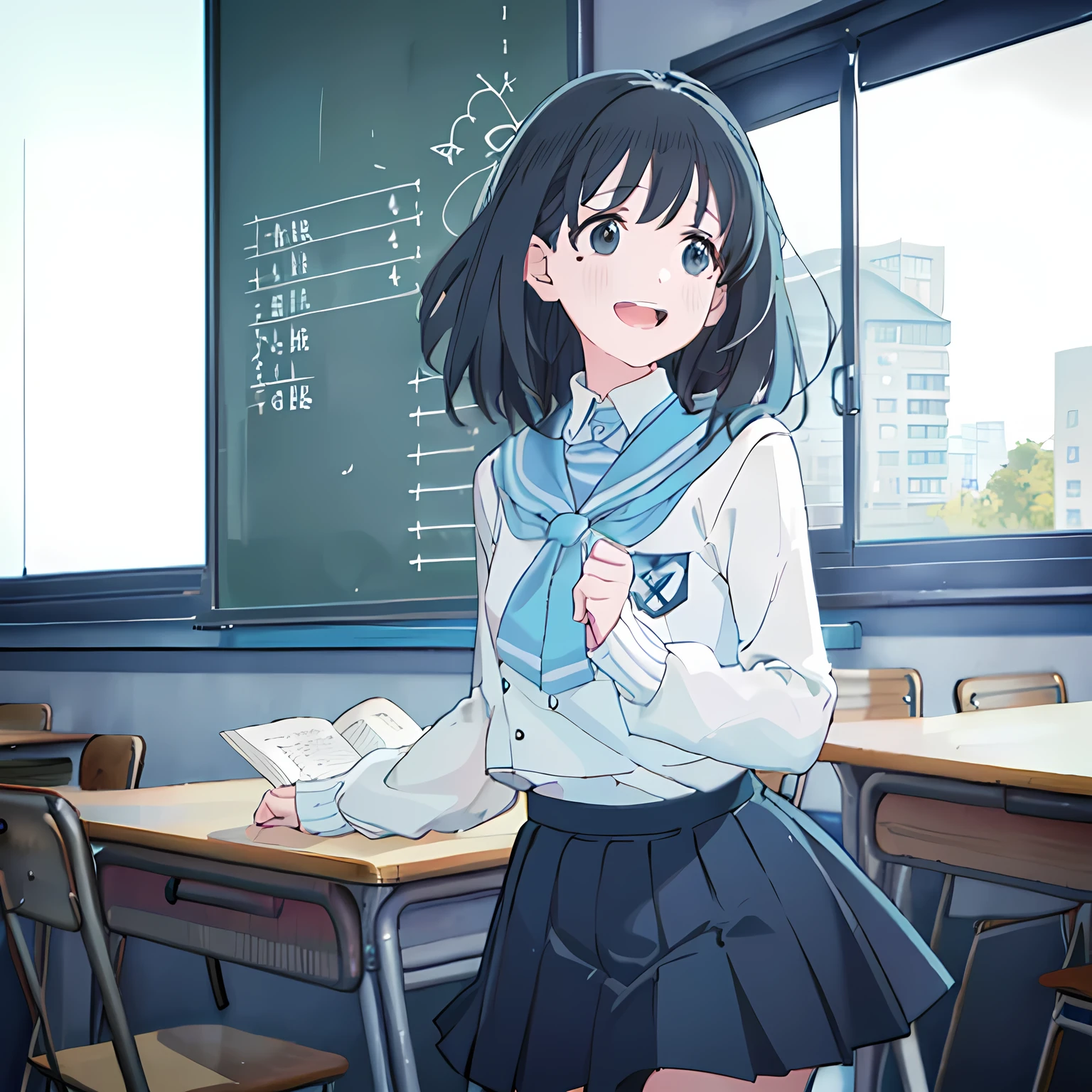 highest quality, (masterpiece:1.2), Very detailed, One neat, cute and shy girl, (((Black medium bob hair))), ((Light blue student sailor uniform)), ((Light blue pleated skirt)), (((The background is a school classroom))), ((Detailed, pretty black eyes)), ((laughing))