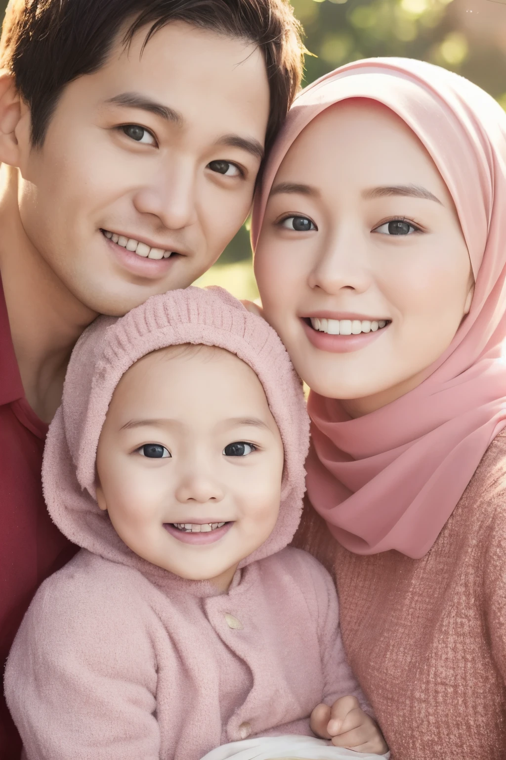 (detailed and realistic portrait of a happy family with a clean face), (round eyes and long flutters hair shot outside),staring at camera,magical photography, dramatic lighting, photo realism, ultra-detailed,
intimate portrait composition, (centered image composition),(close up shot:1.6),best quality,f/1. 8, 85mm, indonesian,
A photorealistic image of a happy Indonesian family, (The husband and wife are holding their baby girl),( the wife is wearing a hijab), with a natural background,(The husband has short spiky hair), They are smiling with eyes full of happiness and love.