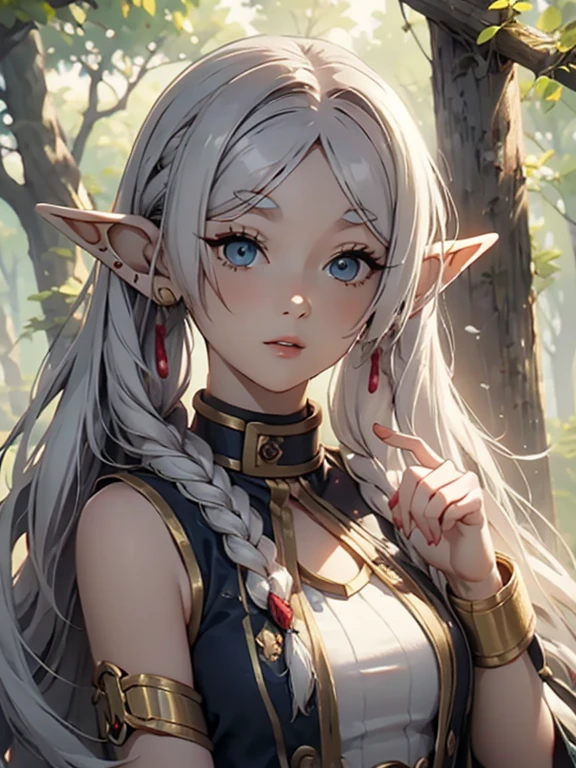 masterpiece, highest quality, Very detailed, 16k, Ultra-high resolution、1 middle-aged elf girl, Detailed face、Perfect Fingers, Elf Ears, Small breasts, blue eyes, Silver Hair, Braid, Sleeveless, Light clothing, in the forest