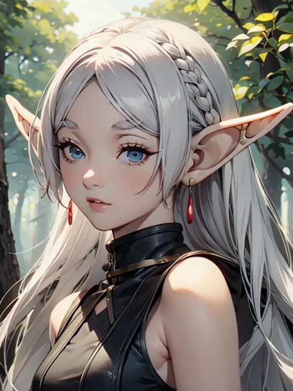 masterpiece, highest quality, Very detailed, 16k, Ultra-high resolution、1 middle-aged elf girl, Detailed face、Perfect Fingers, Elf Ears, Small breasts, blue eyes, Silver Hair, Braid, Sleeveless, Light clothing, in the forest