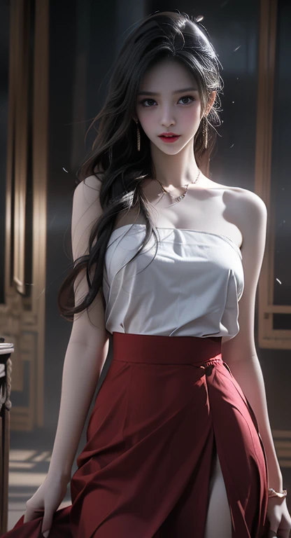 ((Exposing shoulders)), ((Ample breasts)), ((The skirt is short)), ((Sexy Legs)), ((whole body)), practical, Stylish girl, Red lips, Mature Woman, Exquisite makeup, Big eyes, beautiful, (highest quality, masterpiece:1.2), Super detailed, (practical:1.37), ((random scene, Random shooting angles)), ((Sexy long legs)), Young and energetic, Attractive model, (Delicate Eyes, Delicate lips), show a bright smile, Create attractive girl images, warm color, Very high color saturation, Official Art, Very detailedなCG, unity 8k wallpaper, (High Dynamic Range :1.4), (Movie atmosphere),(Soft colors), (Natural skin texture, ultra-practical, Soft Light, sharp),(Very detailed), night, moonlight