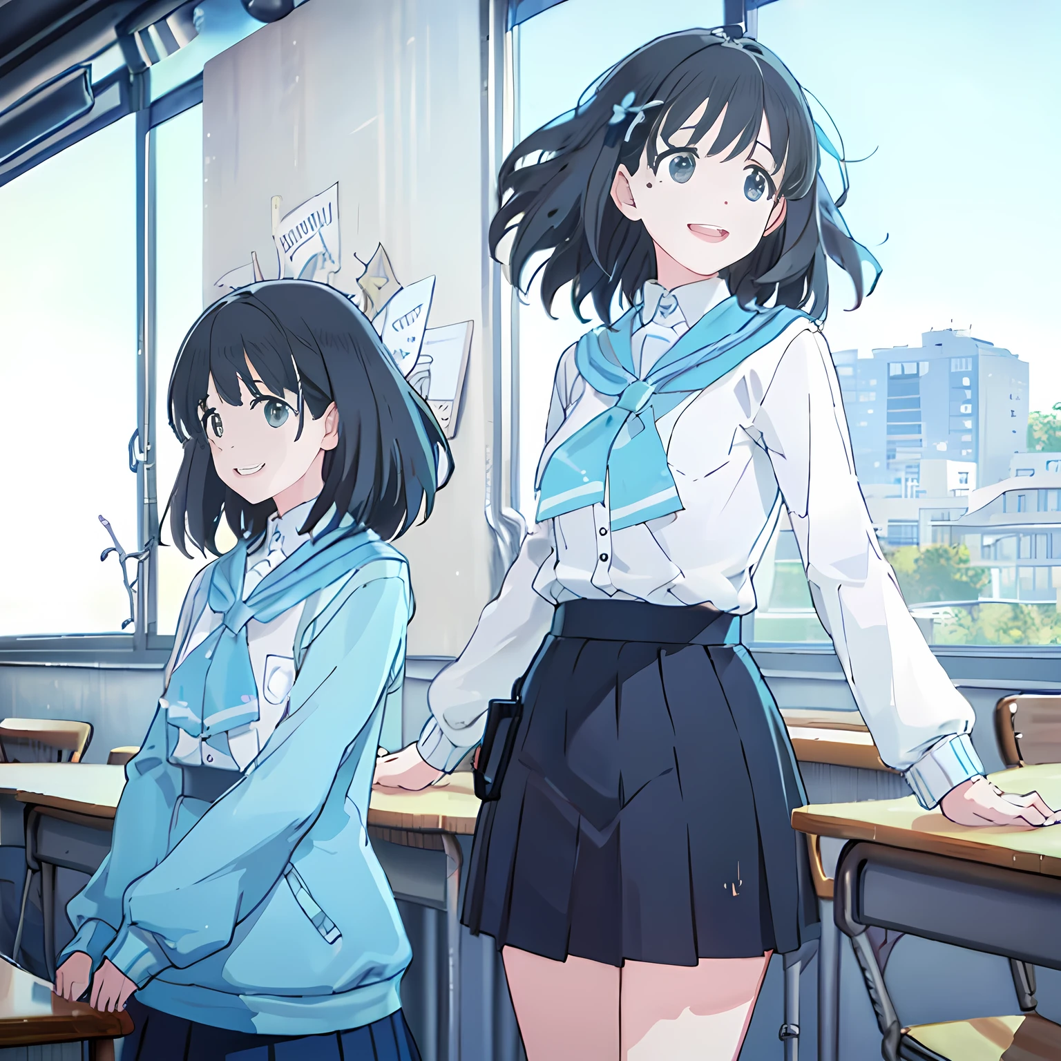 highest quality, (masterpiece:1.2), Very detailed, One neat, cute and shy girl, (((Black medium bob hair))), ((Light blue student sailor uniform)), ((Light blue pleated skirt)), (((The background is a school classroom))), ((Detailed, pretty black eyes)), ((laughing)), ((Watching the audience))