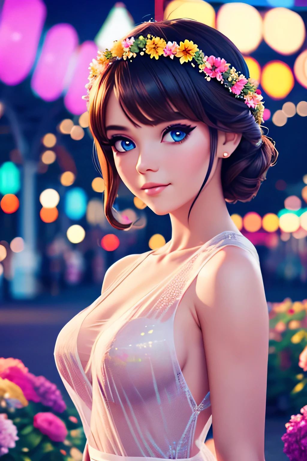 most beautiful in the world, fair, girl, wearing see through cloth, with beautiful flower garland, 8k ultra defination, surrounded by flowers, bokeh, animated lighting