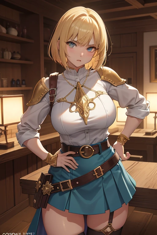 Cowboy Shot,(Golden Ratio,Tabletop, highest quality, highest quality, Official Art, beautifully、aesthetic:1.2), Very detailed, colorful,Best details,An illustration, Fantastic scene, (adult,19 years old,One Girl, alone, Final Fantasy 12,Asheria, short hair, short hair,Asheria Costume, huge , mini skirt,Knee socks, Thighs Thighs Thighs Thighs, gem, Blue Belt,One number on the belt),Course of action, Contemptuous look , Hands on hips、