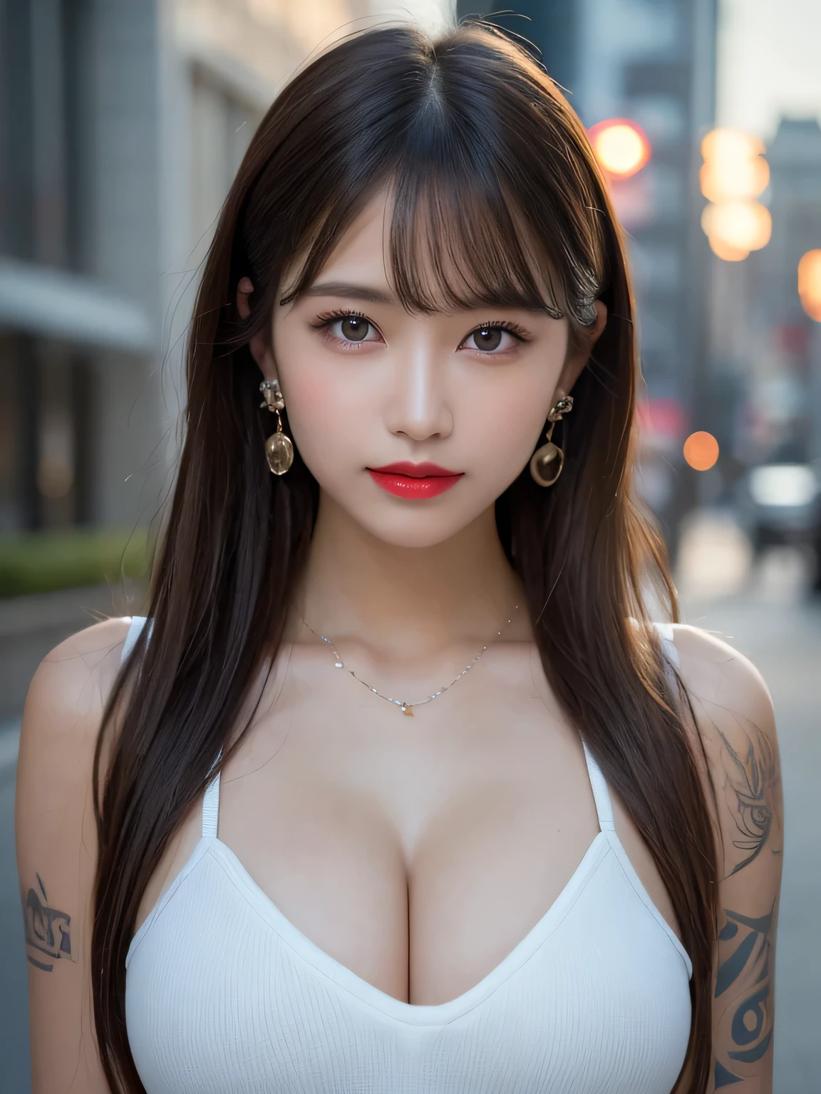 Beautiful college girl in the city, masterpiece, light makeup, red lips, messy long hair, cityscape background, beautiful, elegant. Very fine details, master work, authentic texture, film lighting realism, perfect work, 16k, high resolution, exquisite features, blue eyes, Japanese idol, beautiful face, cute smile, brown hair, beautiful hair, ponytail , glamorous, big breasts , huge breasts, large breasts, erect nipples, greasy muscles, shiny skin, tanned skin, glowing dark skin, thin camisole, bright big eyes, smooth skin, wet, cleavage, earrings, necklace, tattoo