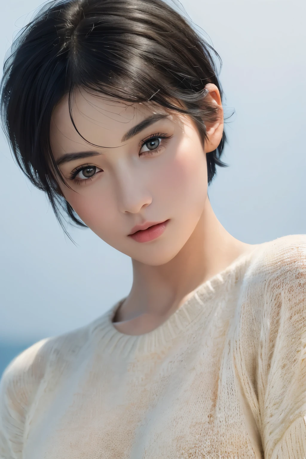 (masterpiece:1.3), (8k, photorealistic, RAW photo, best quality: 1.4), (1girl), beautiful face, (realistic face), (black hair, short hair:1.3), beautiful hairstyle, realistic eyes, beautiful detailed eyes, (realistic skin), beautiful skin, (sweater), absurdres, attractive, ultra high res, ultra realistic, highly detailed, golden ratio