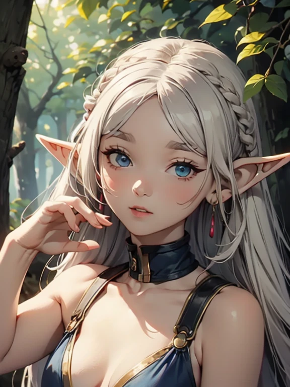 masterpiece, highest quality, Very detailed, 16k, Ultra-high resolution、1 middle-aged elf girl, Detailed face、Perfect Fingers, Elf Ears, Small breasts, blue eyes, Blonde, Braid, Sleeveless, Light clothing, in the forest, During a walk