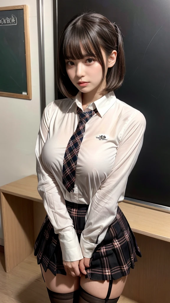 muste piece, best quality, illustration, Super detailed, fine details, High resolution, 8K,wall paper, perfect dynamic composition,(Details High quality, realistic depiction of eyes:1.3), (white school shirt :1.2), (plaid skirt :1.3), tie black, black thigh-high stockings, standing, open legs, short bob hair, in a classroom, blackboard in the background, deep on field, large breasts, black hair color, Big Natural Color Lip, (perfect body shape), crying a little、cold gaze, Harajuku style、30 year old girl、cute type、lolita、beautiful legs, Gravure Idol