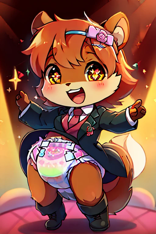 boy, squirrel, furry, bodyfur, blazer, bottomless, gloves, boots, chibi, sparkling eyes, diaper, idol, dancing, singing, green tights