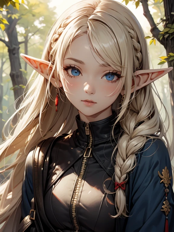 masterpiece, highest quality, Very detailed, 16k, Ultra-high resolution、1 Elf girl, Detailed face、Perfect Fingers, Elf Ears, Small breasts, blue eyes, Blonde, Braid, Sleeveless, Light clothing, in the forest, During a walk