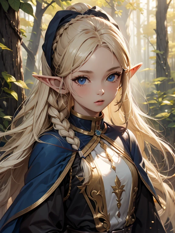 masterpiece, highest quality, Very detailed, 16k, Ultra-high resolution、1 Elf girl, Detailed face、Perfect Fingers, Elf Ears, Small breasts, blue eyes, Blonde, Braid, Sleeveless, Light clothing, in the forest, During a walk