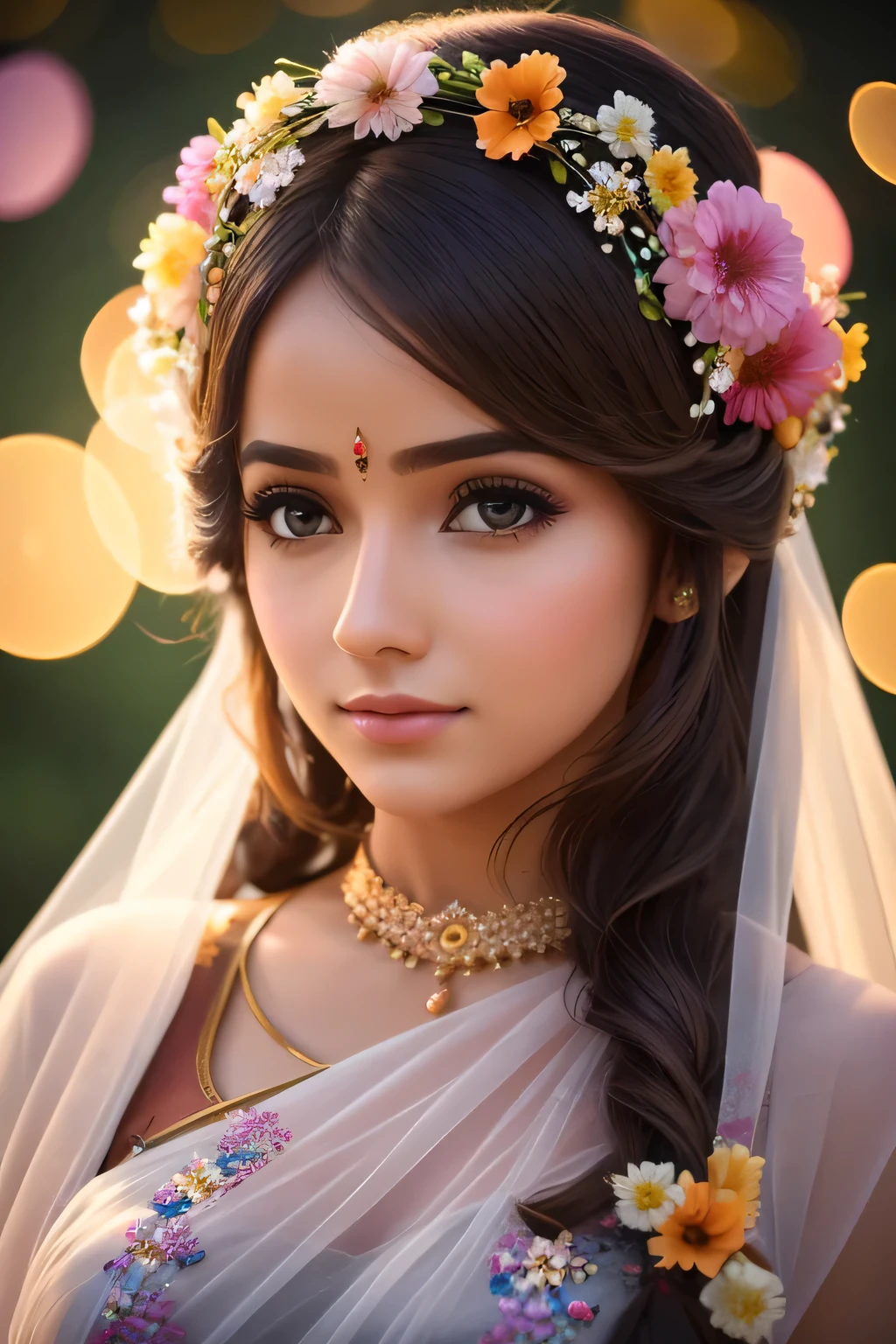 most beautiful in the world, fair, girl, wearing see through cloth, with beautiful flower garland, 8k ultra defination, surrounded by flowers, bokeh, animated lighting
