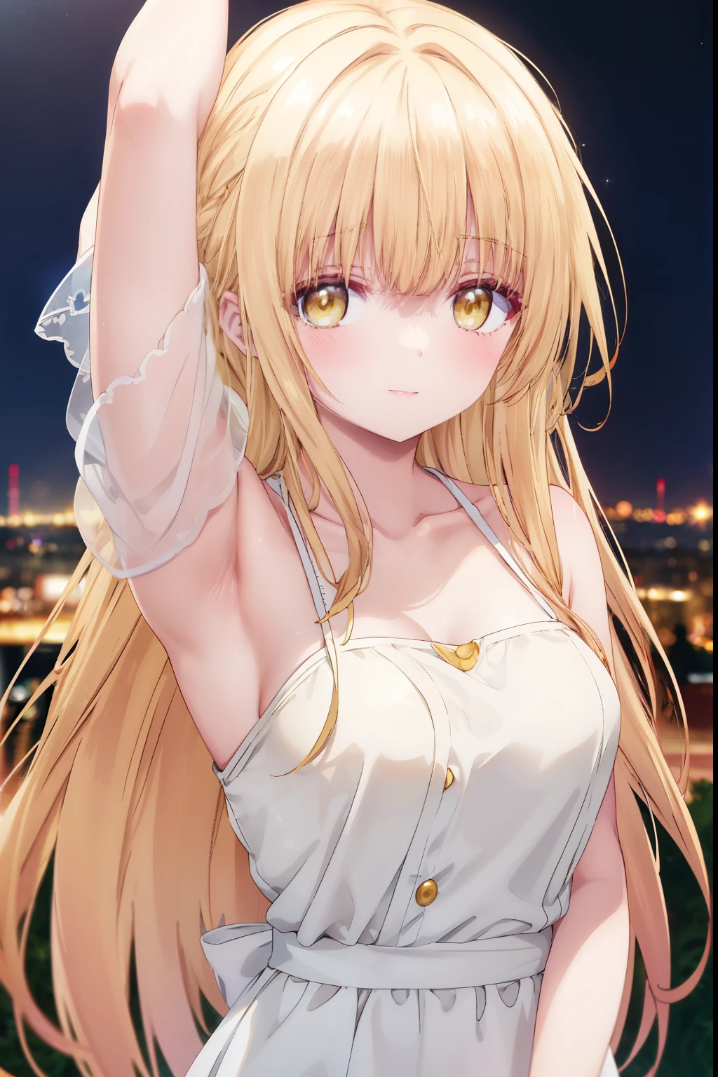 Mahiru shiina, , blonde, (Yellow Eyes:1.3)、Braided long hair,,blush,smile,night、Captivating thighs、Beautiful bare legs, Sideways armpit、Shoulder Bare、The clavicle is visible、Armpit Show、Armpits are visible、Shoulder Bare、Maid clothes
（masterpiece:1.2), highest quality, High resolution, unity 8k wallpaper, (shape:0.8), (Beautiful and beautiful eyes:1.6), Highly detailed face, Perfect lighting, Highly detailed CG, (Perfect hands, Perfect Anatomy),