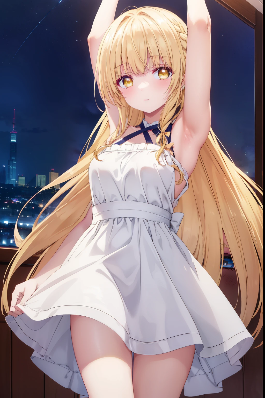 Mahiru shiina, , blonde, (Yellow Eyes:1.3)、Braided long hair,,blush,smile,night、Captivating thighs、Beautiful bare legs, Sideways armpit、Shoulder Bare、The clavicle is visible、Armpit Show、Armpits are visible、Shoulder Bare、Maid clothes
(masterpiece:1.2), highest quality, High resolution, unity 8k wallpaper, (shape:0.8), (Beautiful and beautiful eyes:1.6), Highly detailed face, Perfect lighting, Highly detailed CG, (Perfect hands, Perfect Anatomy),