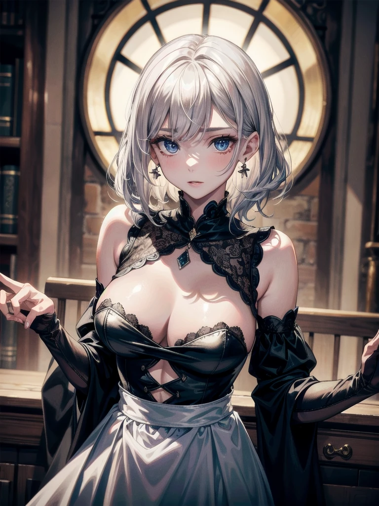 whole body, (in alchemist room), traditional witch attire, absurdres, RAW photo, extremely delicate and beautiful, masterpiece, Best Quality, ultra high resolution, 32k, hyperrealistic, ultra-detailed, detailed description, pale skin, 20 years old, detailed beautiful face and eyes, tearful mole, earring, Colossal tits, short medium hair, wavy hair,