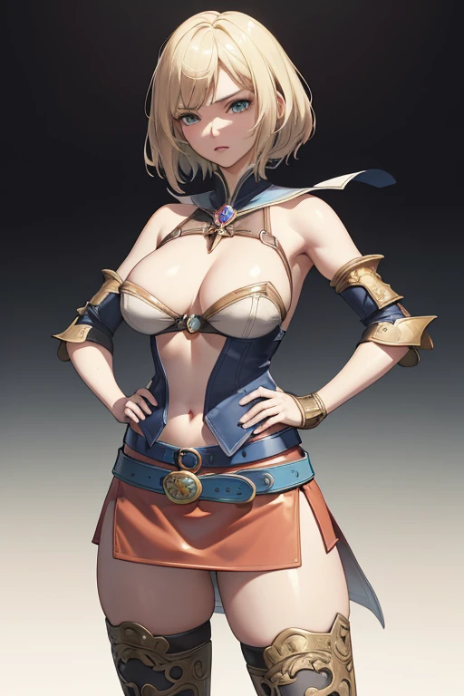 Cowboy Shot,(Golden Ratio,Tabletop, highest quality, highest quality, Official Art, beautifully、aesthetic:1.2), Very detailed, colorful,Best details,An illustration, Fantastic scene, (adult,19 years old,One Girl, alone, Final Fantasy 12,Asheria, short hair, short hair,Asheria Costume, huge , mini skirt,Knee socks, Thighs Thighs Thighs Thighs, gem, Blue Belt,One number on the belt),Course of action, Contemptuous look , Hands on hips、Nipples are visible、