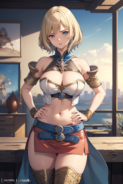 Cowboy Shot,(Golden Ratio,Tabletop, highest quality, highest quality, Official Art, beautifully、aesthetic:1.2), Very detailed, colorful,Best details,An illustration, Fantastic scene, (adult,19 years old,One Girl, alone, Final Fantasy 12,Asheria, short hair, short hair,Asheria Costume, huge , mini skirt,Knee socks, Thighs Thighs Thighs Thighs, gem, Blue Belt,One number on the belt),Course of action, Contemptuous look , Hands on hips、Nipples are visible、