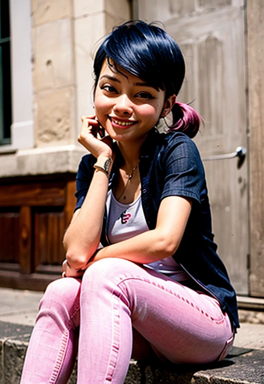 (((photo of marinette wearing a dark gray blazer with rolled-up sleeves over a white t-shirt with rolled up pink colored jeans and light pink ballet flat shoes ))), (((young half chinese girl,short hair,pigtails,black hair,rolled up sleeves,pink colored jeans))),blue eyes,(((pink jeans))),athletic build, (((smiling:.7))),centered,masterpiece,(((park background))), expressive eyes,best quality, ((playfull theme)), ((vibrant tones)),(((excited pose))), saturated colors, high contrast, (natural skin texture, hyperrealism, soft light, sharp),(((cowboy shot))), 50mm,highres, extremely detailed eyes,extremely detailed,perfect face,perfect eyes,body,hands, sitting, spread legs