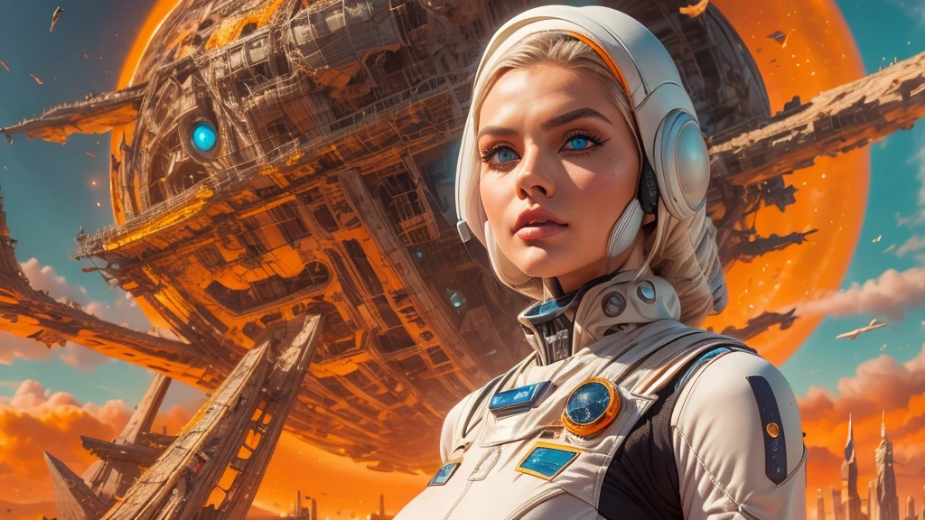 arafed image of a white woman in a futuristic suit with a spaceship in the background, movie art, in front of an orange background, inspired by Robert McGinnis, female protagonist, megastructure in the background, portrait of an ai astronaut, astronauts, an astronaut, portrait of a astronaut skeletor, perfect android girl, detailed eyes, perfectly detailed teeth, frank franzzeta and sakimichan
