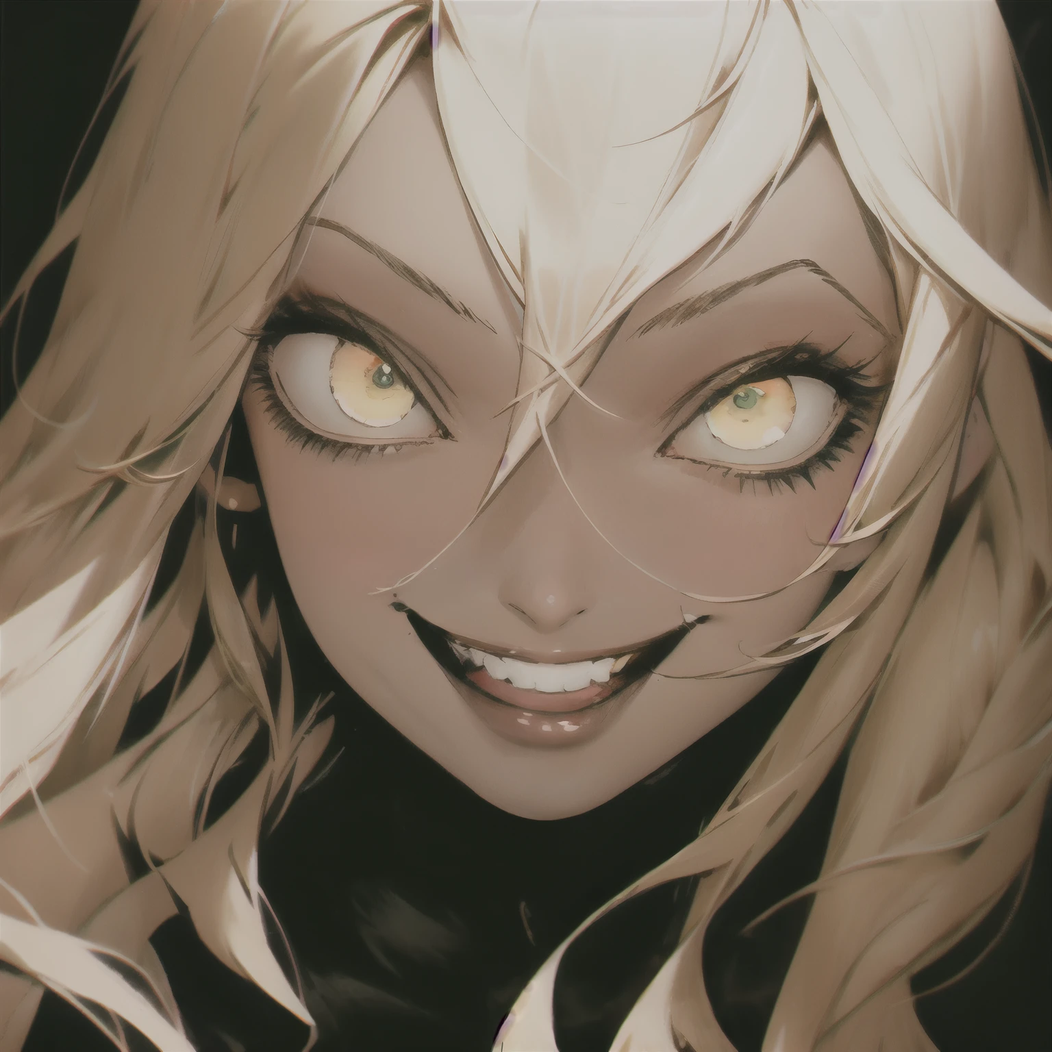 Highest quality, (Background details), High Contrast, Very beautiful woman, Detailed original illustrations、Functional、Delicate face、Fascinating、Villainess、sexy、Real breasts、Crazy Smile, Crazy Eyes, Head close-up、Cowboy Shot