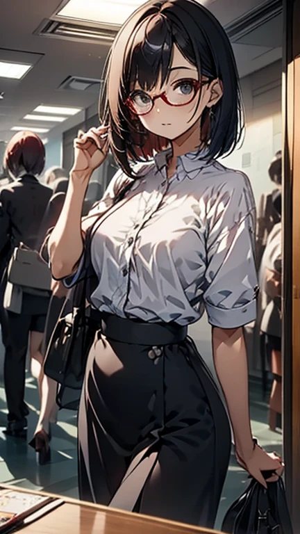 Red-rimmed glasses、OL、Receptionist、Social People、２５age、female、（Indigo checkered clothing）、Brown bob cut hair、Quiet Appearance、whole body、Flat chest、Morning assembly in the office、