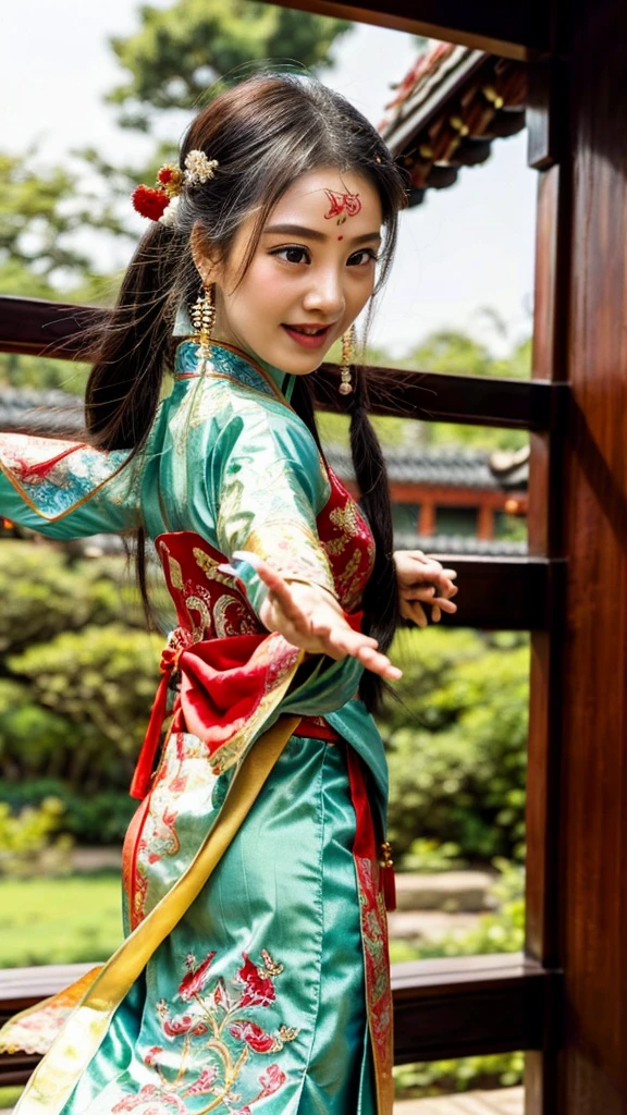 (best quality,ultra-detailed),(traditional Chinese clothing, Hanfu),(beautiful detailed eyes,beautiful detailed lips),(flying, jumping),(dancing movements),(colorful and vibrant),(outdoor scene),(natural lighting), (flower garden),(lush greenery),(flowing long hair),(graceful),(joyful expression),(distinctive hair accessories),(traditional embroidery),(elaborate headpiece),(exquisite dress design),(elegant poses),(dynamic motion),(happiness),(traditional Chinese architecture),(harmonious),(soft ethereal atmosphere),(fine brushwork),(subtle textures),(rich color palette),(Chinese calligraphy inspiration),(scenic background),(serene),(fine details),(pleasant weather),(authentic cultural elements),(traditional fan accessory),(historical aesthetics),(romantic),(traditional music),(traditional dance),(cheerful and lively),(traditional hairpin),(graceful movements),(feminine),(nature-inspired motifs),(traditional makeup),(intricate patterns),(festive),(traditional accessories),(traditional culture representation),(traditional jewelry),(joyous celebration)