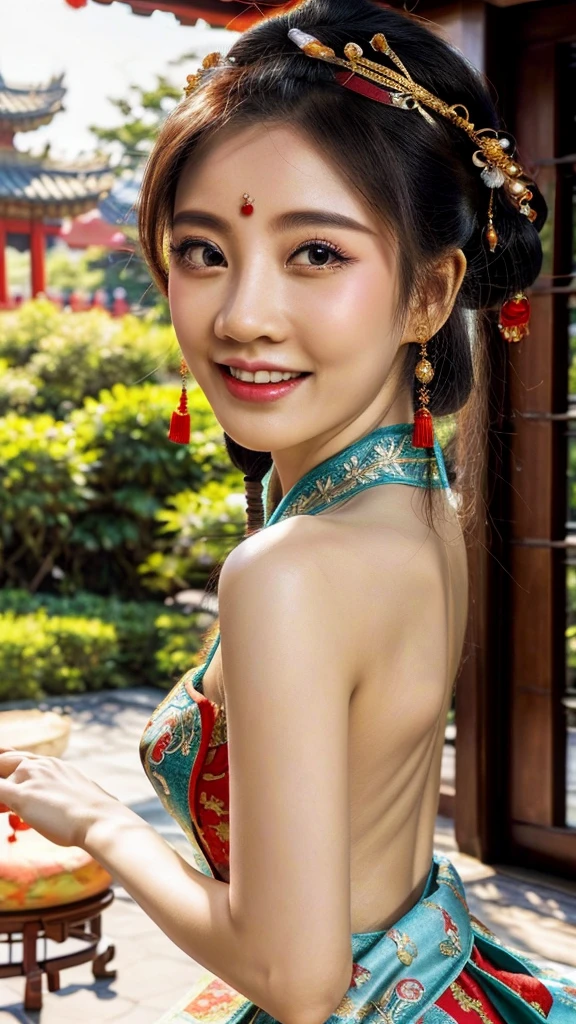 (best quality,ultra-detailed),(traditional Chinese clothing, Hanfu),(beautiful detailed eyes,beautiful detailed lips),(flying, jumping),(dancing movements),(colorful and vibrant),(outdoor scene),(natural lighting), (flower garden),(lush greenery),(flowing long hair),(graceful),(joyful expression),(distinctive hair accessories),(traditional embroidery),(elaborate headpiece),(exquisite dress design),(elegant poses),(dynamic motion),(happiness),(traditional Chinese architecture),(harmonious),(soft ethereal atmosphere),(fine brushwork),(subtle textures),(rich color palette),(Chinese calligraphy inspiration),(scenic background),(serene),(fine details),(pleasant weather),(authentic cultural elements),(traditional fan accessory),(historical aesthetics),(romantic),(traditional music),(traditional dance),(cheerful and lively),(traditional hairpin),(graceful movements),(feminine),(nature-inspired motifs),(traditional makeup),(intricate patterns),(festive),(traditional accessories),(traditional culture representation),(traditional jewelry),(joyous celebration)