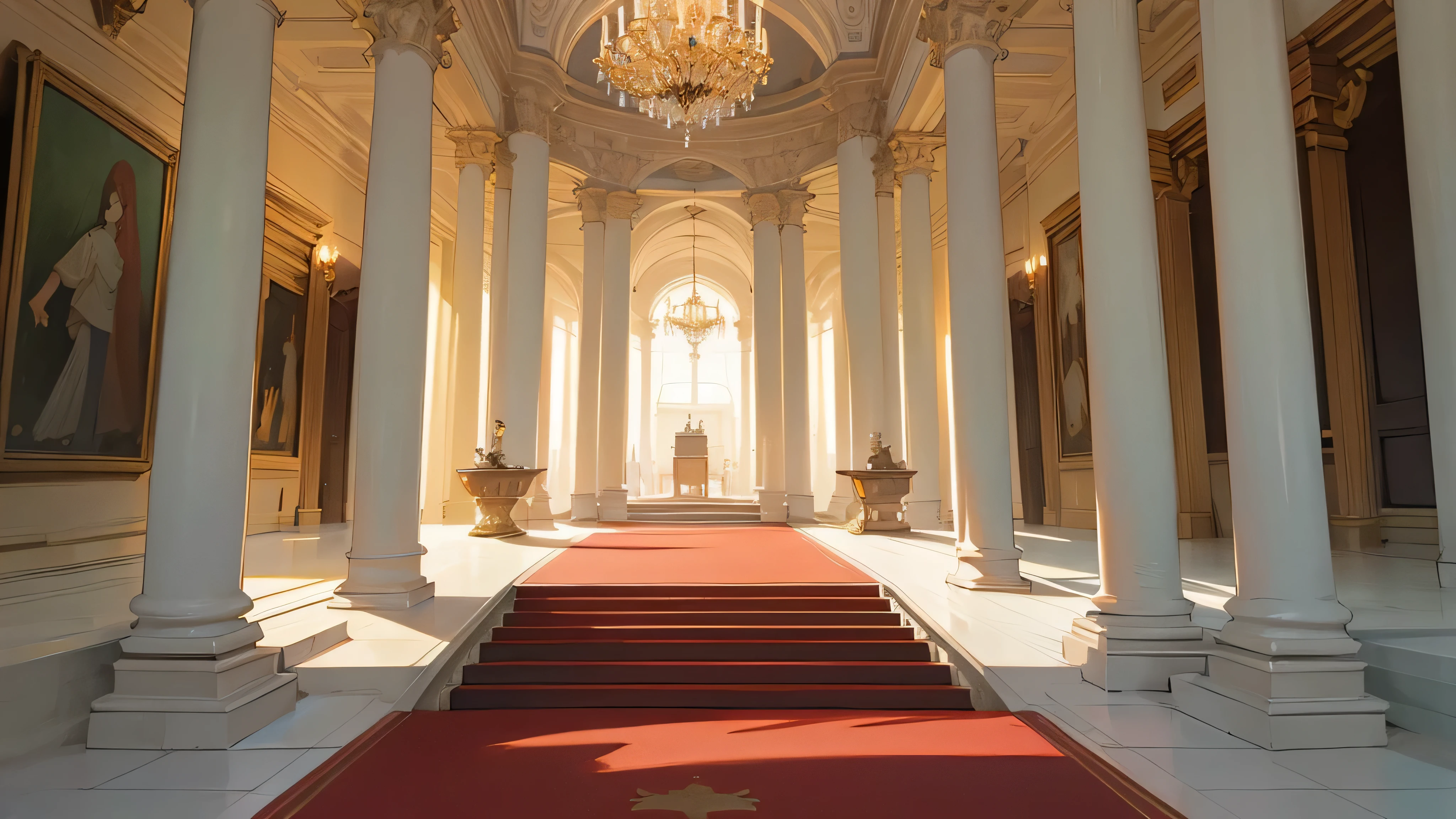 front view of an anime castle main hall with a red carpet leading to two staircases, full of decorations like statues, vases and paintings, no people