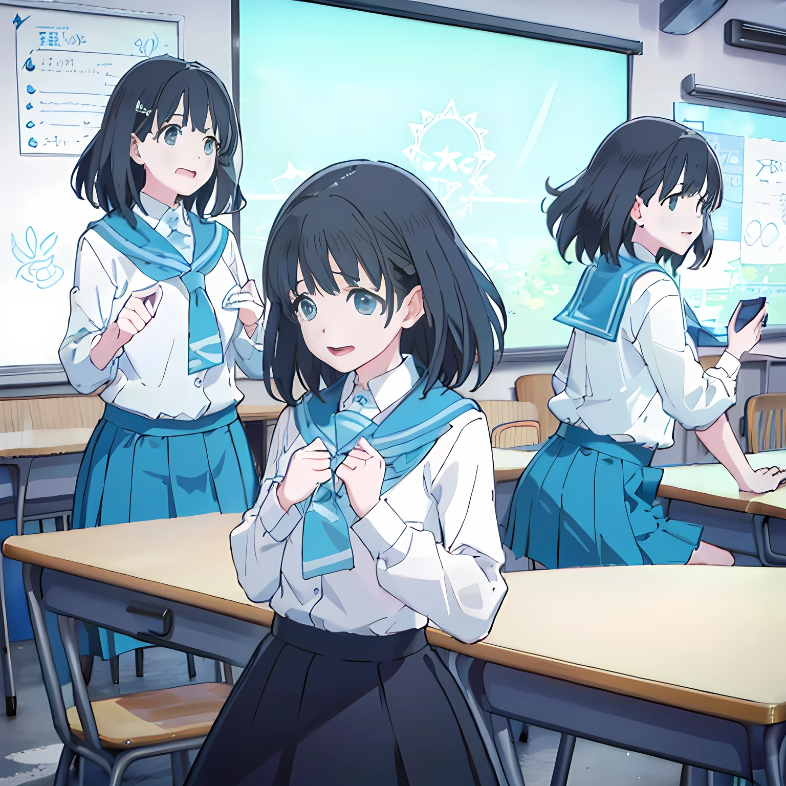 highest quality, (masterpiece:1.2), Very detailed, One neat, cute and shy girl, (((Black medium bob hair))), ((Light blue student sailor uniform)), ((Light blue pleated skirt)), (((The background is a school classroom))), ((Very detailed drawing of cute black eyes)), ((laughing)), ((Watching the audience)), ((Photographed from the chest up)), ((The inside of the mouth is red))