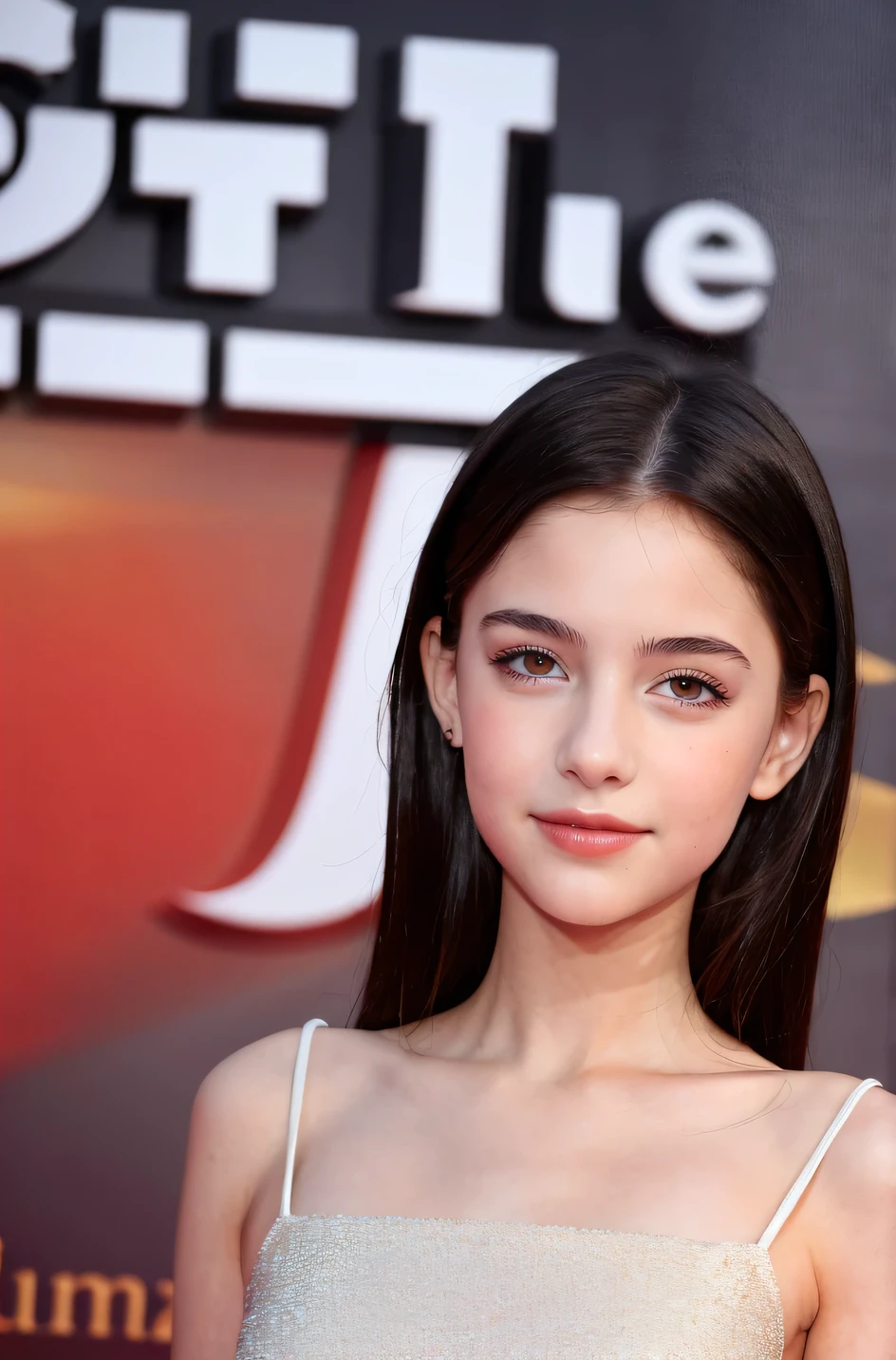  girl ,Age 13 ,Eurnationality , Celebrity red carpet event,black hair,half body,Deep V-neck white dress,random girl, 4K, gray eyes, white skin, Spotlight shining on the face, small breasts, 