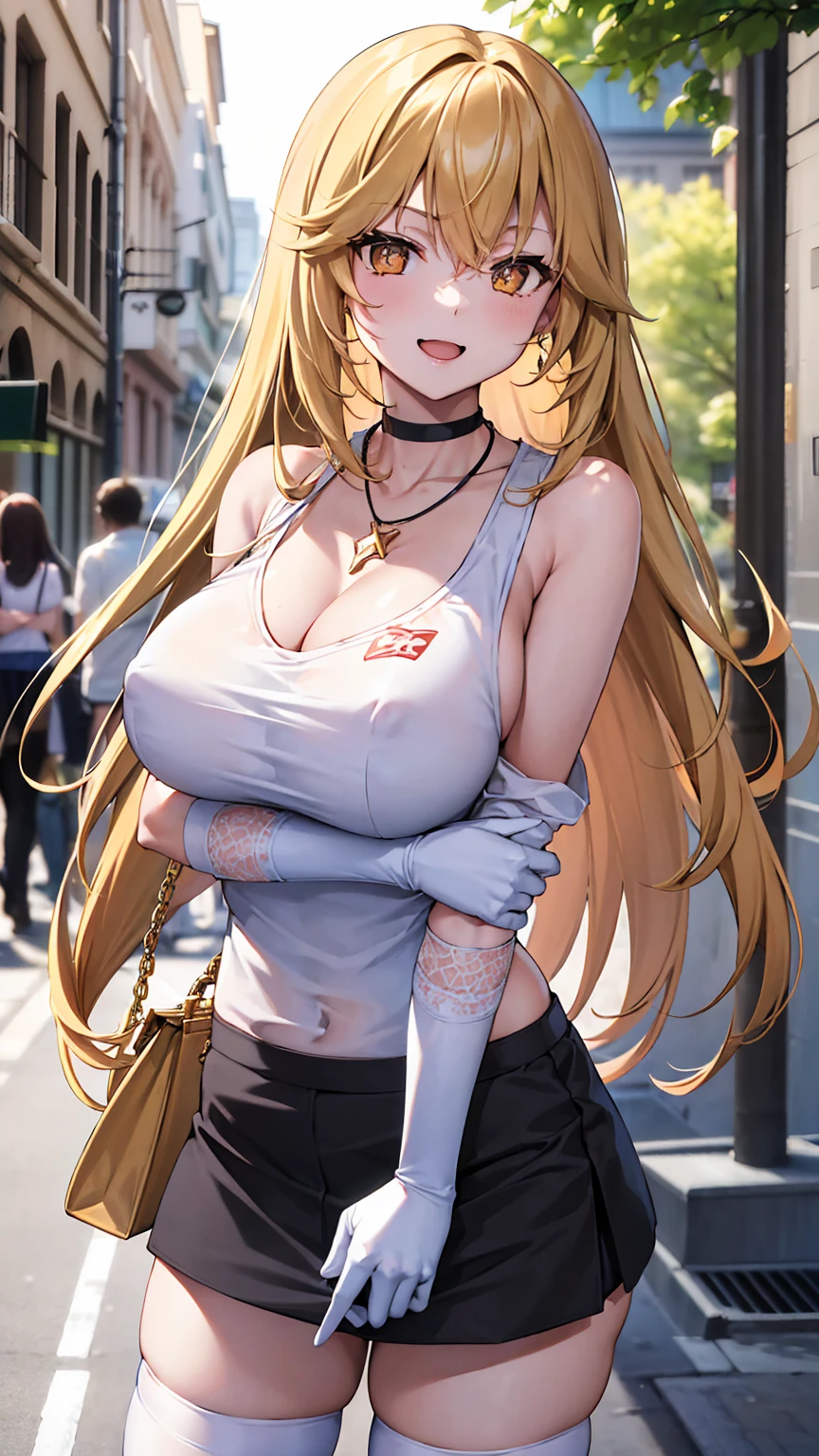 masterpiece, best quality, highres, hmmisaki, long hair, symbol-shaped pupils, +_+, large breasts, white gloves, elbow gloves, white thighhighs, smile,　　Shoulder bag　Cleavage　　Earrings, necklace, clavicle, Off the shoulder, Sweater Dresses, Short sleeve, White knee socks, street, Are standing, Cowboy Shot, smile, , Open your mouth, In town　　panic++++　　Embarrassed+++　　Excited+++　Two Humans　　Woman and Man:1.6　Insert　Embrace++++　Sex+++　(Rub the chest firmly,)(Very short black mini skirt:1.6) (Tight clothing:1.5) (Thighs:1.2) 　　(Mike Mini Skirt:1.3) (Large Breasts:1.6) (In town:1.5) (Beautiful legs:1.2)