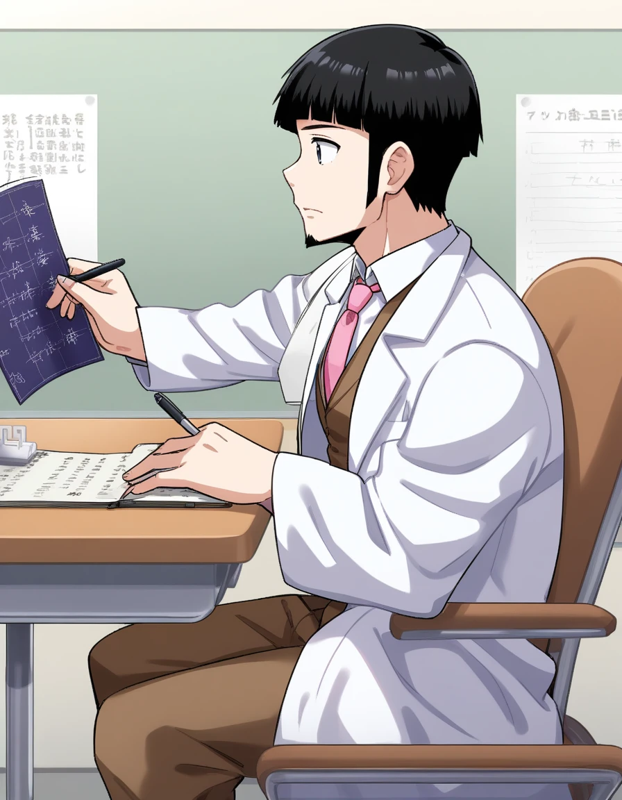 masterpiece, best quality, very aesthetic, absurdres, 1man, 60yo, ordinary, sanpaku, oval-shaped, white skin, short crewcut, black hair, beard, silver eyes, goatee, large eyes, solo, lab coat, pink necktie, white collared_shirt, brown vest, upperlegs, examination desk, sitting on rolling chair, consulting, in examination room, writing carte, reading carte, from side, in eroge style, visual novel, 2000s, VHS quality