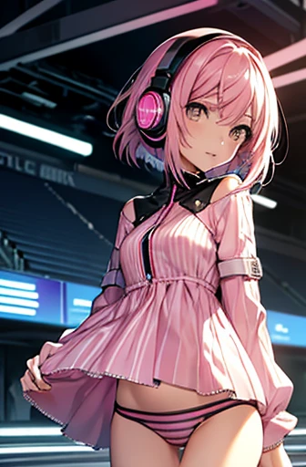 Cyber headphones, pink hair, pink jersey, striped panties, competitive spirit, anime, bob cut, beautiful skin, showing panties, touching panties