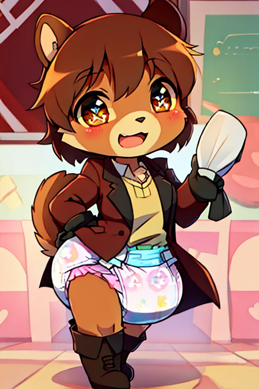 boy, squirrel, furry, bodyfur, tail, collar, bra, bottomless, gloves, boots, chibi, penis, testicles, sparkling eye, all fours, peeing, looking back