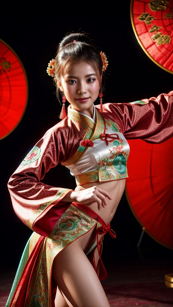 A girl wearing traditional Chinese Hanfu, striking a sexy pose, and dancing.
(best quality, ultra-detailed, highres, masterpiece:1.2), portraits, vivid colors, studio lighting, flowing fabric, ornate embroidery, elegant hairstyle, delicate makeup, graceful movements, joyful expression, vibrant background, soft lighting, warm color palette