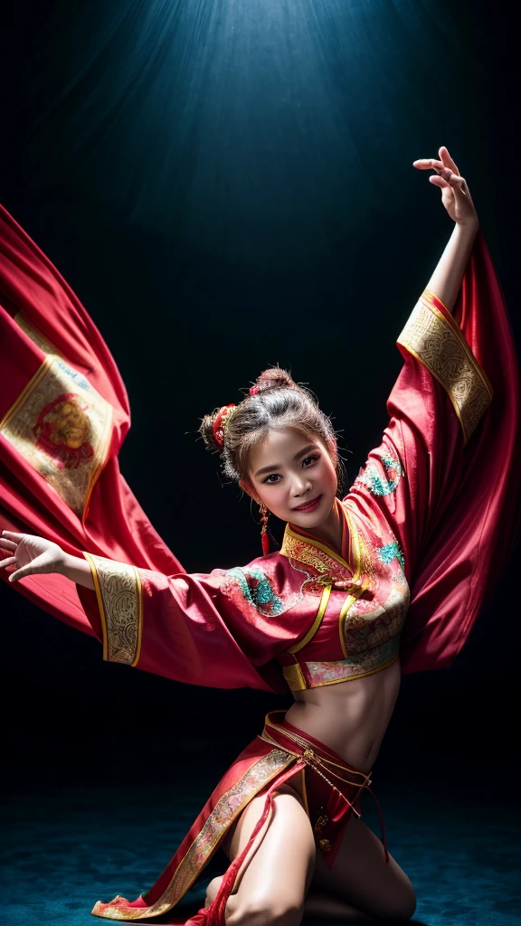 A girl wearing traditional Chinese Hanfu, striking a sexy pose, and dancing.
(best quality, ultra-detailed, highres, masterpiece:1.2), portraits, vivid colors, studio lighting, flowing fabric, ornate embroidery, elegant hairstyle, delicate makeup, graceful movements, joyful expression, vibrant background, soft lighting, warm color palette
