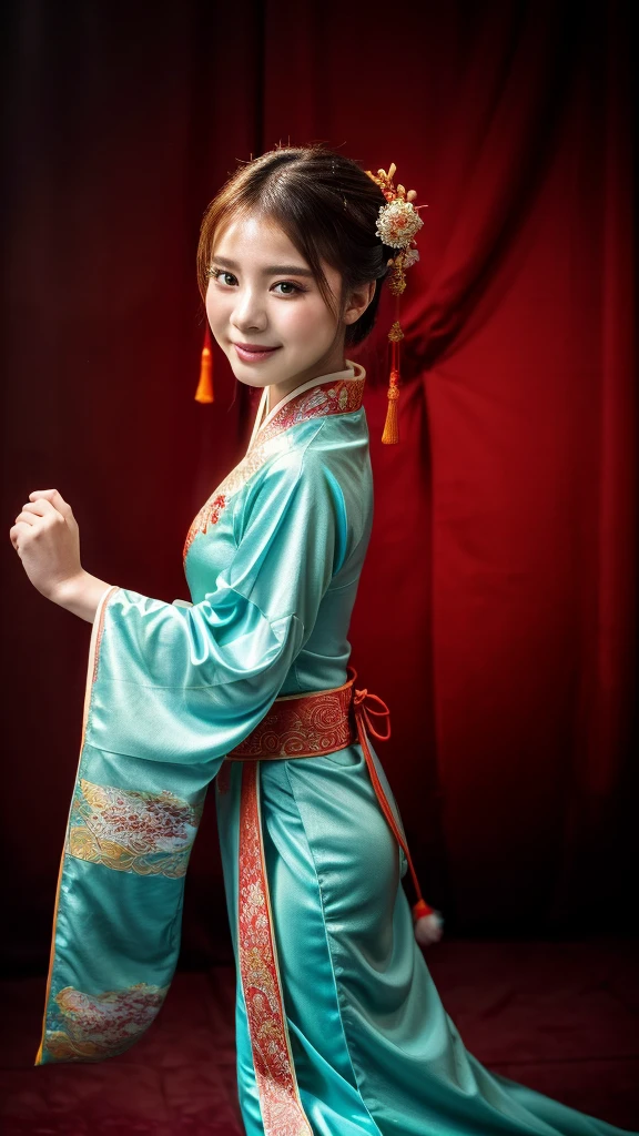 A girl wearing traditional Chinese Hanfu, striking a sexy pose, and dancing.
(best quality, ultra-detailed, highres, masterpiece:1.2), portraits, vivid colors, studio lighting, flowing fabric, ornate embroidery, elegant hairstyle, delicate makeup, graceful movements, joyful expression, vibrant background, soft lighting, warm color palette
