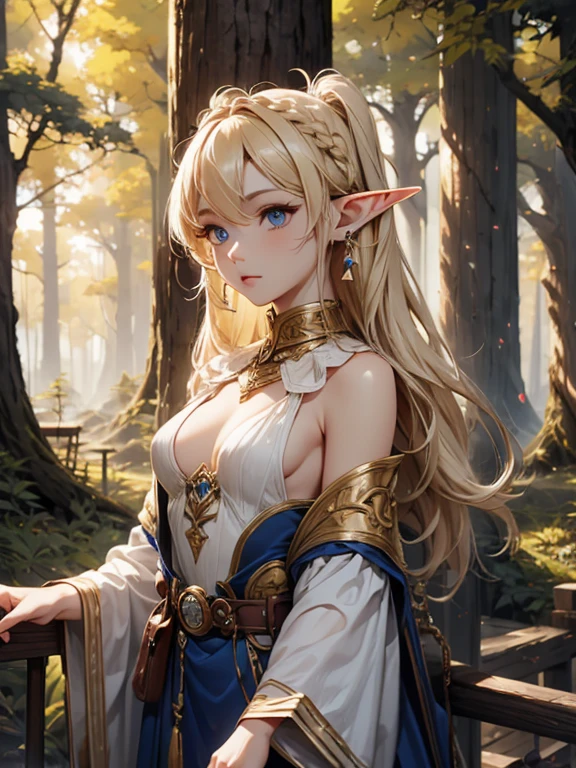 masterpiece, highest quality, Very detailed, 16k, Ultra-high resolution、Cowboy Shot, 1 Elf girl, Detailed face、Perfect Fingers, Elf Ears, Small breasts, blue eyes, Blonde, Braid, Sleeveless, Light clothing, in the forest, During a walk