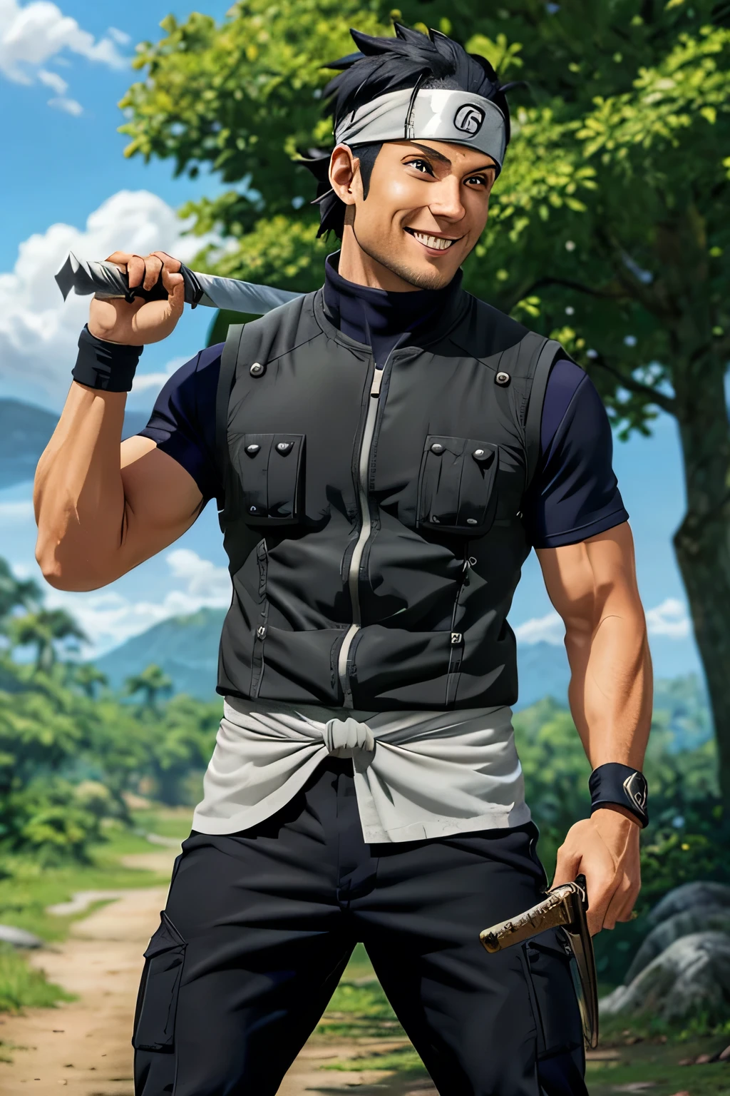 Male, male ninja, masterpiece, best quality, black anbu vest, black pants, looking at viewer, holding sword, sword in right hand, sword, holding, orb in left hand , smile, forest, sky, clouds dynamic pose, smug smile, smug look, short black hair, red eyes, nornal hands, normal eyes, toned muscles, self-assured, Konoha leaf headband on left arm, leaf village headband, 