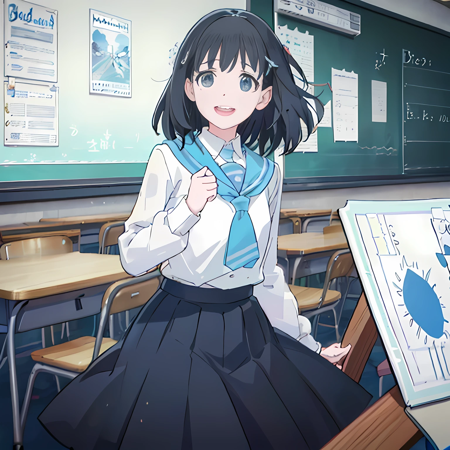 highest quality, (masterpiece:1.2), Very detailed, A neat and cute pretty girl, (((Black medium bob hair))), ((Light blue student sailor uniform)), ((Light blue pleated skirt)), (((The background is a school classroom))), ((Very detailed drawing of cute black eyes)), (((laughing))), (((Watching the audience))), ((Photographed from the chest up)), ((The inside of the mouth is red))