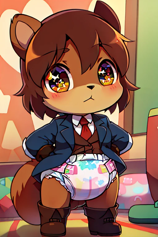 2boys, squirrel, furry, bodyfur, blazer, bottomless, gloves, boots, chibi, sparkling eyes, diaper, kindergarten, potty, restroom, toilet