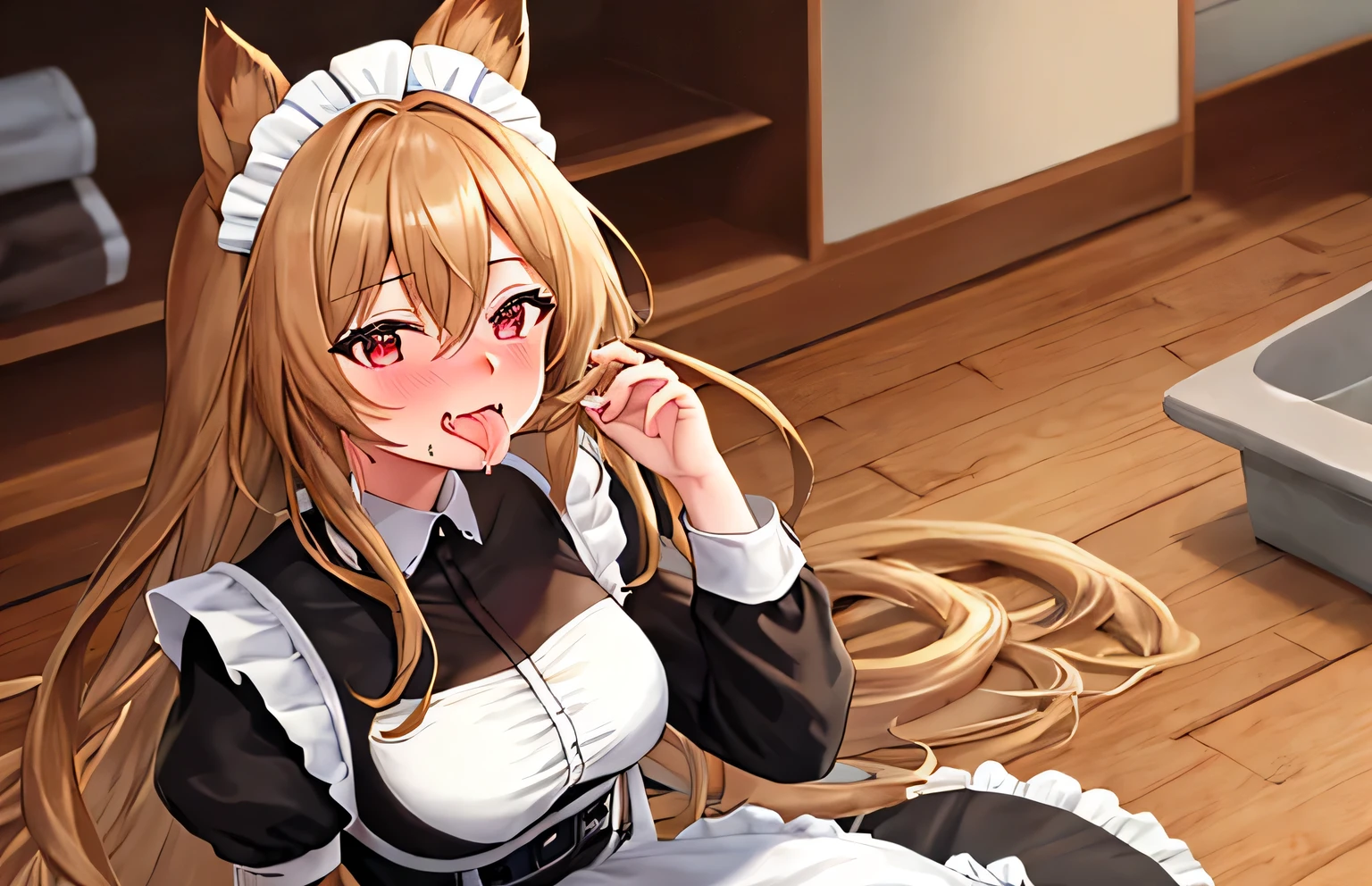 Detailed, One girl with Long hair, brown_hair, looking the other way, embarrassed, ruboring, mafuerah small abierto, interior, maid, maid costume, airtight, corbata, manos en la propia cara, ear rubor, cubriendo la cara, mujer madura, de cerca, animal_orejas, Largo_cabello, Perro_orejas, Brown_cabello, red_eyes, dog_girl, abierto_mafuerah, breats, blush, hair between eyes, very_long_hair, abierto_mafuerah, tongue, tongue_out, salivating, drooling