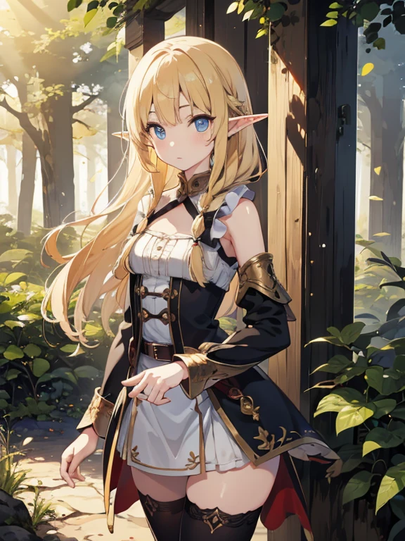 masterpiece, highest quality, Very detailed, 16k, Ultra-high resolution、Cowboy Shot, 1 Elf girl, Detailed face、Perfect Fingers, Elf Ears, Small breasts, blue eyes, Blonde, Braid, Sleeveless, Light clothing, in the forest, During a walk